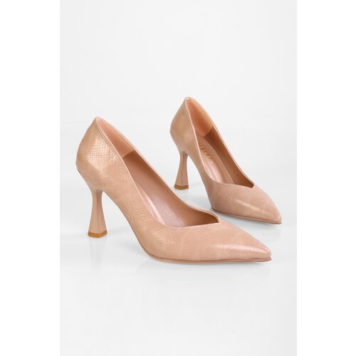 Shoeberry Women S Divini Nude Snake Patterned Heeled Shoes Stiletto