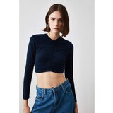 Trendyol Navy Blue Pleated Crop Knitted Blouse Cene