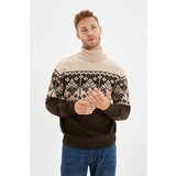Trendyol Beige Men's Slim Fit Turtleneck Jacquard Paneled Knitwear Sweater Cene'.'