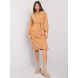Fashion Hunters RUE PARIS Camel cotton dress with tie Cene