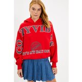Trendyol Red Hoodie Printed Knitted Sweatshirt Cene