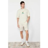 Trendyol Stone Men's Oversize/Wide-Fit Cactus Embroidery 100% Cotton Short Sleeve T-Shirt Cene