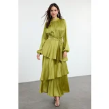 Trendyol Oil Green Layered Satin Woven Evening Dress/Evening Gown