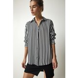Happiness İstanbul Women's Black Ecru Striped Viscose Shirt Cene