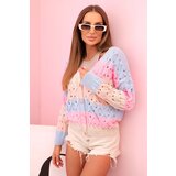 Kesi Włoski Women's striped V-neck openwork sweater blue + beige | Shoptok.si