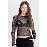 Defacto Women's Black Cool Fitted Body Patterned Tulle Short Sleeve T-Shirt | Shoptok.si