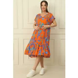 By Saygı V-neck Abstract Pattern Skirt Pleated Oversize Comfortable Fit Viscose Dress