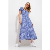 Trend Alaçatı Stili Women's Saxe Blue Square Neck Floral Pattern Woven Dress
