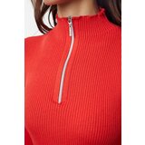 Trendyol Red Cotton Blend Zippered Stand Collar Thin Knit Sweater | Shoptok.si