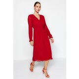 Trendyol Red Pleated Lined Chiffon Woven Dress Cene