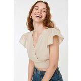 Trendyol Beige Lace Detailed Double Breasted Crop Blouse Cene