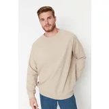 Trendyol Beige Men's Plus Size Oversize Comfortable Basic Sweatshirt with a soft pile inside.