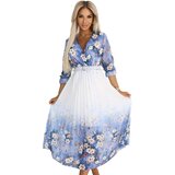 numoco basic 605-1 Feminine airy midi dress with envelope neckline and pleats – light blue with wildflowers | Shoptok.si