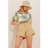Trend Alaçatı Stili Women's Open Camel Denim Shorts with Pockets, Double Leg