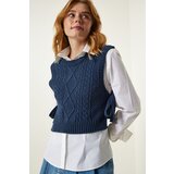  Women's Navy Blue Motif Tied Crop Knitwear Sweater | ePonuda.com