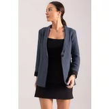 armonika Women's Dark Blue Herringbone Pattern Fold Sleeve Single Button Cachet Jacket