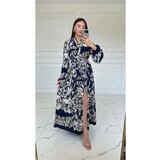 Laluvia Navy Blue Double Breasted Neck Patterned Dress cene