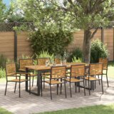 vidaXL Set za vrtno objedovanje od 9 dijelova Crni Poli Rattan Akacija, Složive vrtne stolice s jastucima 2 kom Crni Poli Rattan | shoptok.hr