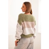 Kesi Włoski Women's striped sweater with cable knit sleeves made of khaki + gray wool | Shoptok.si
