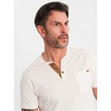 Ombre Men's t-shirt with button neckline and suede trim - white | Shoptok.si