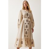  Women's Beige Embroidered Linen Surface Long Woven Dress Cene