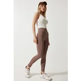  Women's Dark Beige High Waist Ribbed Knitted Leggings