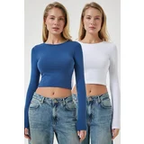  Women's White Indigo Blue Crew Neck Basic 2-Pack Crop Knitted Blouse