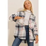 Trend Alaçatı Stili Women's Navy Blue-Striped Checked Patterned Stamped Cotton Oversized Safari Jacket Shirt Cene