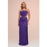 Carmen Purple Satin Strapless Long Evening Dress with Side Slit Cene