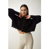  Women's Black Ripped Detailed Buttoned Crop Knitwear Cardigan Cene