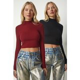 Happiness İstanbul Women's Claret Red Black Ribbed Camisole 2-Pack Crop Top Cene