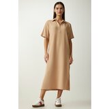 Happiness İstanbul Women's Beige Polo Neck Knitted Ribbed Dress Cene