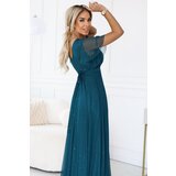 numoco basic 635-1 MELANIA long, shiny dress with a neckline and short sleeves - bottle green | shoptok.hr