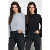 Trendyol Black-Grey Melange 2-Pack 100% Cotton Spanish Sleeve Knitted T-Shirt