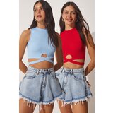  Women's Red Blue 2-pack Halter Collar Corduroy Crop Knitted Blouse Cene