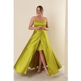 By Saygı Pistachio Green Plus Size Long Satin Dress with Thread Straps and a Slit in the Front Cene