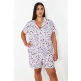 Trendyol Curve Light Pink Floral Patterned Shirt Collar Knitted Pajama Set Cene