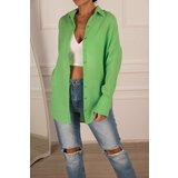 armonika Women's Light Green Oversized Textured Linen Look Wide Cuff Shirt Cene