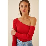  Women's Red Open Shoulder Ribbed Knitted Blouse Cene