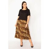 Şans Women's Plus Size Brown Skirt Patterned Layered Dress Cene