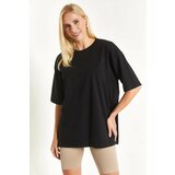 armonika Women's Black Round Collar Oversize T-shirt cene
