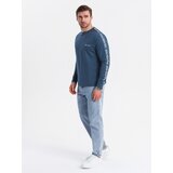 Ombre Men's cotton U-neck longsleeve with piping and chest print - dark blue | ePonuda.com