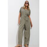 Trend Alaçatı Stili Women's Khaki Front Buttoned Double Pocket Mikanos Linen Jumpsuit | Shoptok.si
