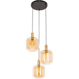 QAZQA Smart hanglamp zwart met messing en amber glas 3-lichts incl. 3 Wifi G95 - Zuzanna | Shoptok.si