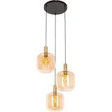 QAZQA Smart hanglamp zwart met messing en amber glas 3-lichts incl. 3 Wifi G95 - Zuzanna