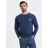 Ombre Men's cotton longsleeve with striped U neckline and embroidery - dark blue | shoptok.hr