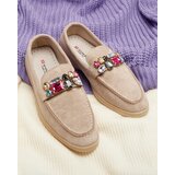 Resti Eco suede light brown women's moccasins with decorative crystals Nellens- Footwear | Shoptok.si
