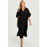 Cool & Sexy Women's Black Linen Midi Dress DMR85