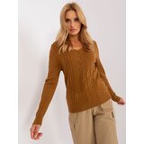 Fashion Hunters Light brown women's sweater with cable neckline Cene