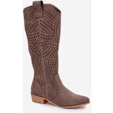 Boto Openwork Women's Knee-High Block Heeled Boots Dark Beige Fioris | shoptok.hr